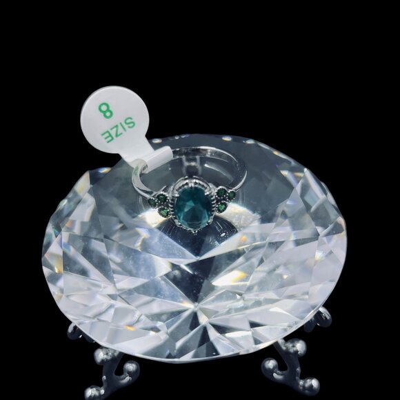 Bomb Party 925 Ring Teal Oval Gem Sterling Silver Size 8 Green Accent Jewelry - Picture 3 of 7
